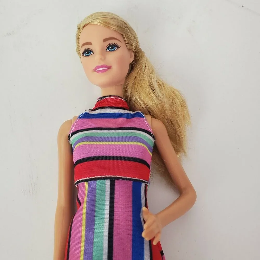 Barbie Fashionista Blonde Caucasian Doll Striped Dress Hand on Hip‎